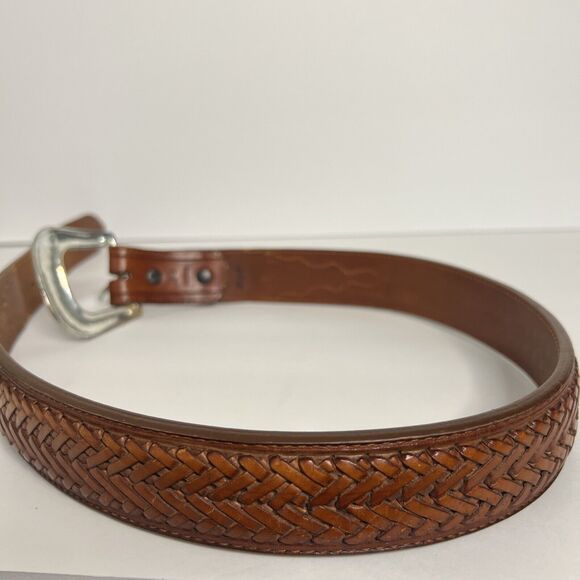 Vintage Nocona Unisex Sz 34 Belt Silver Western Hand Tooled Cowhide Leather main image 12